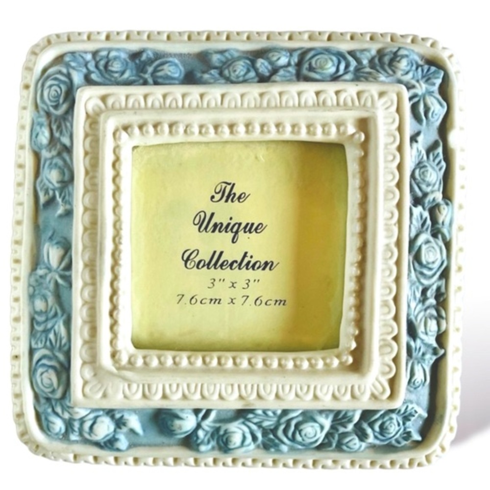 Vintage Ceramic Rose Picture Frame Ornate Antique Photo Holder Blue Floral Decor